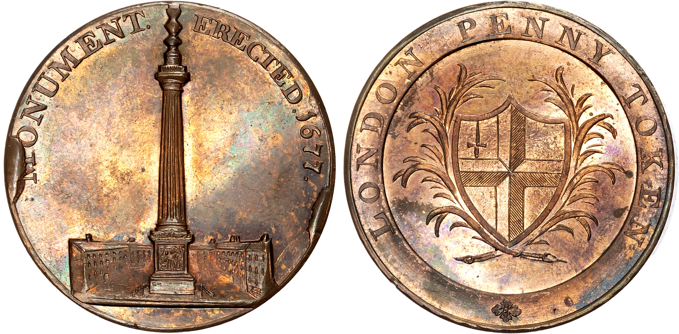 London , City, Kempson’s ‘London Buildings’ Penny, Fire of London Monument, rev . City of London arms, edge plain, 33.5m …