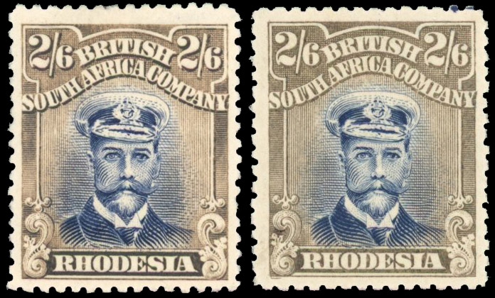 Rhodesia 2/6d SG 303 two shades, one with printer's mark mint