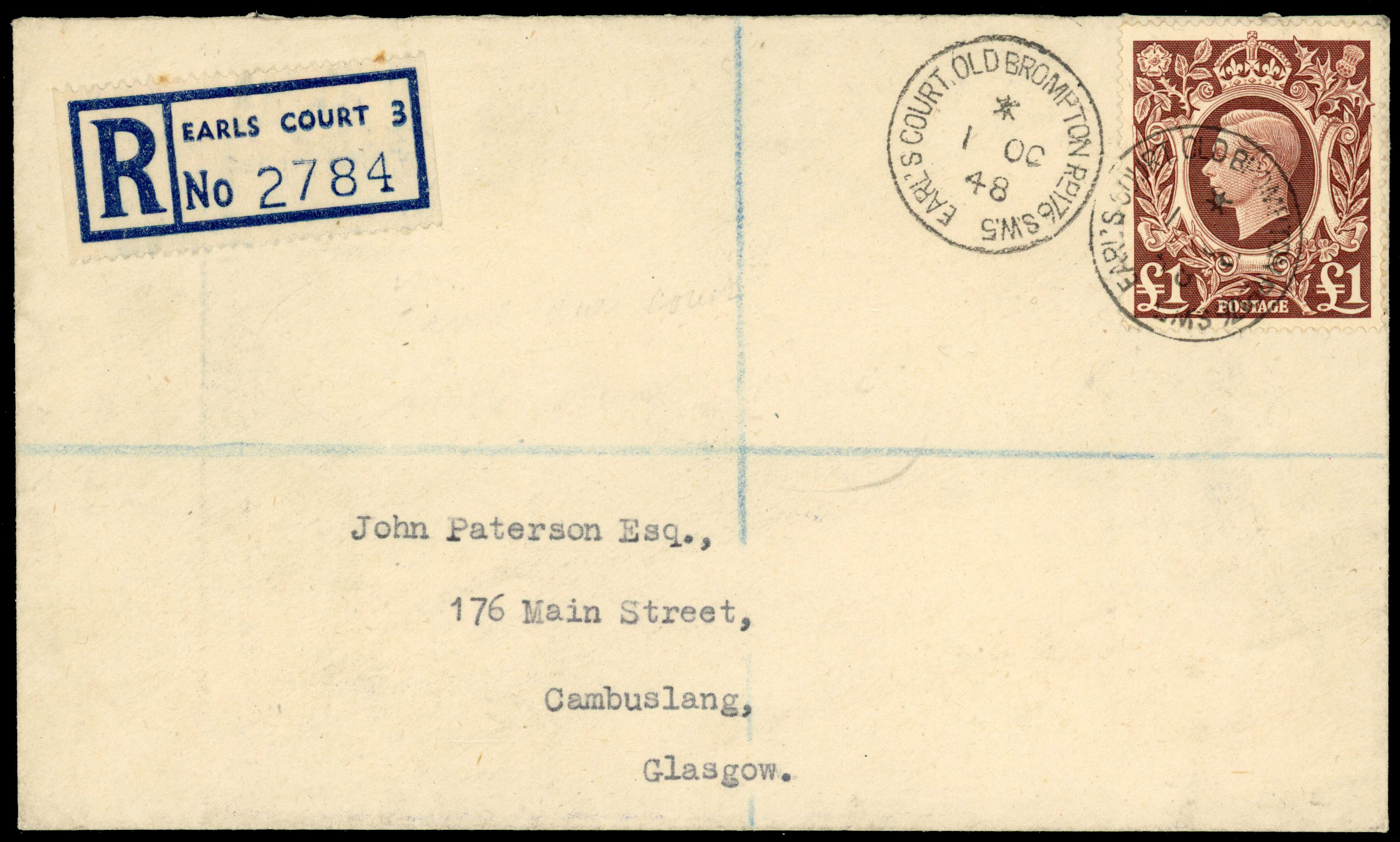 1948 £1 Brown "Arms" High Value. Very fine registered cover fdc