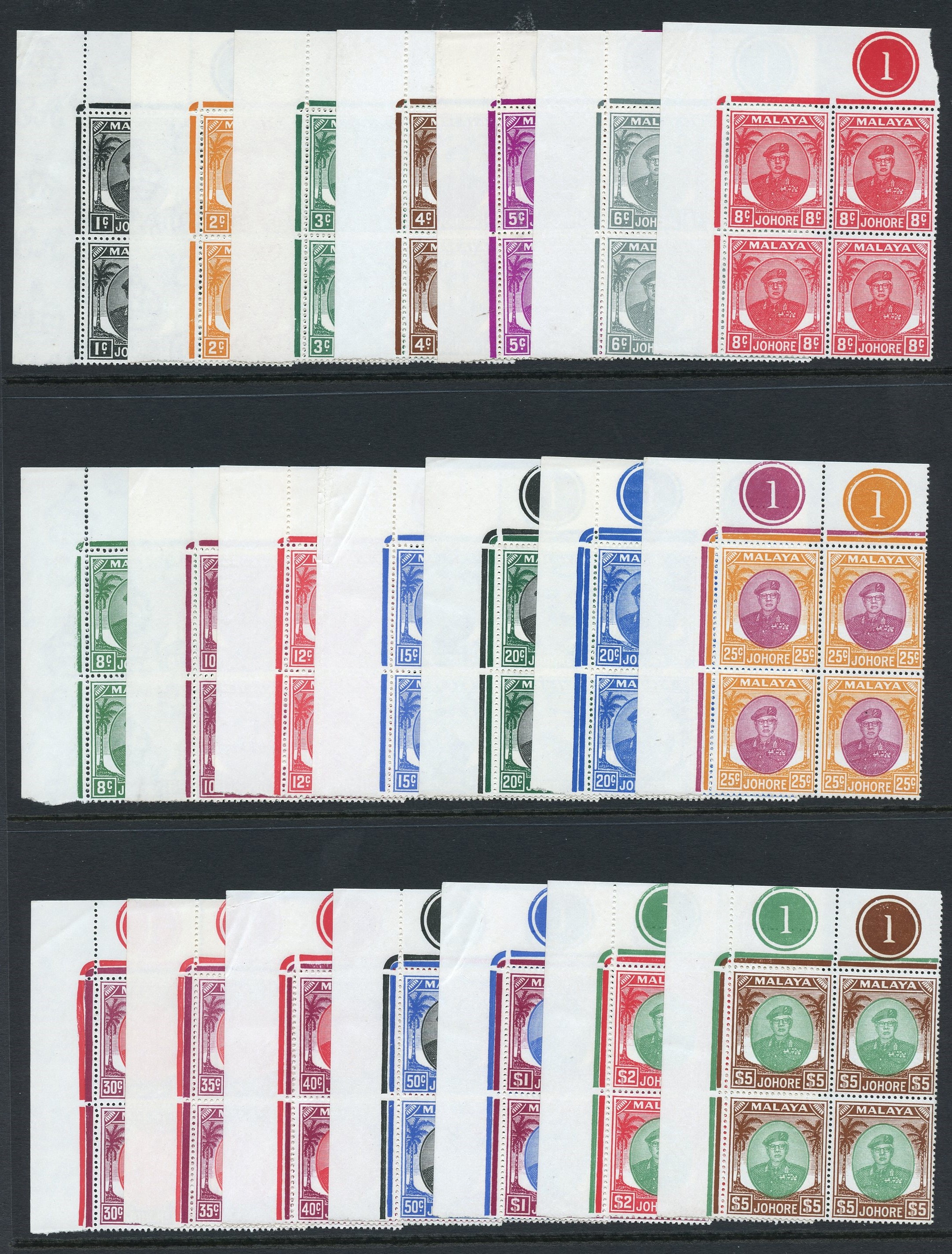 Johore SG 133-147 Plate blocks...