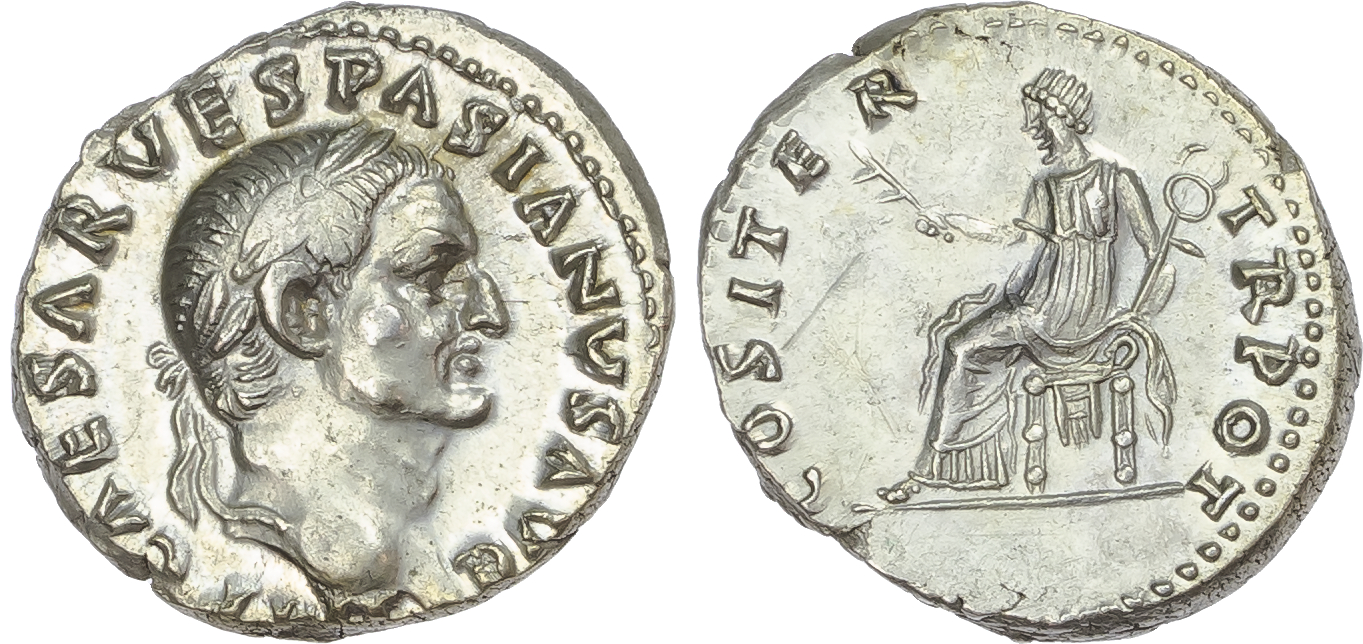 Vespasian (AD 69-79) AR Denarius, Rome, AD 70, 3.46g. IMP CAESAR VESPASIANVS AVG, laureate head of Vespasian right. 