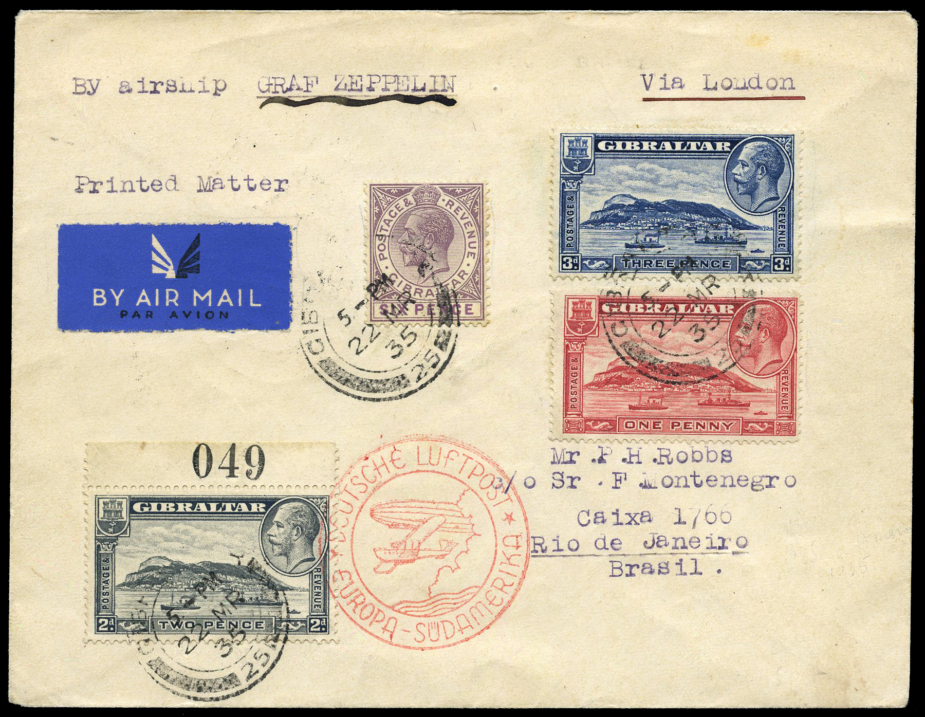 POSTAL HISTORY: 1935 Gibraltar Zeppelin cover...