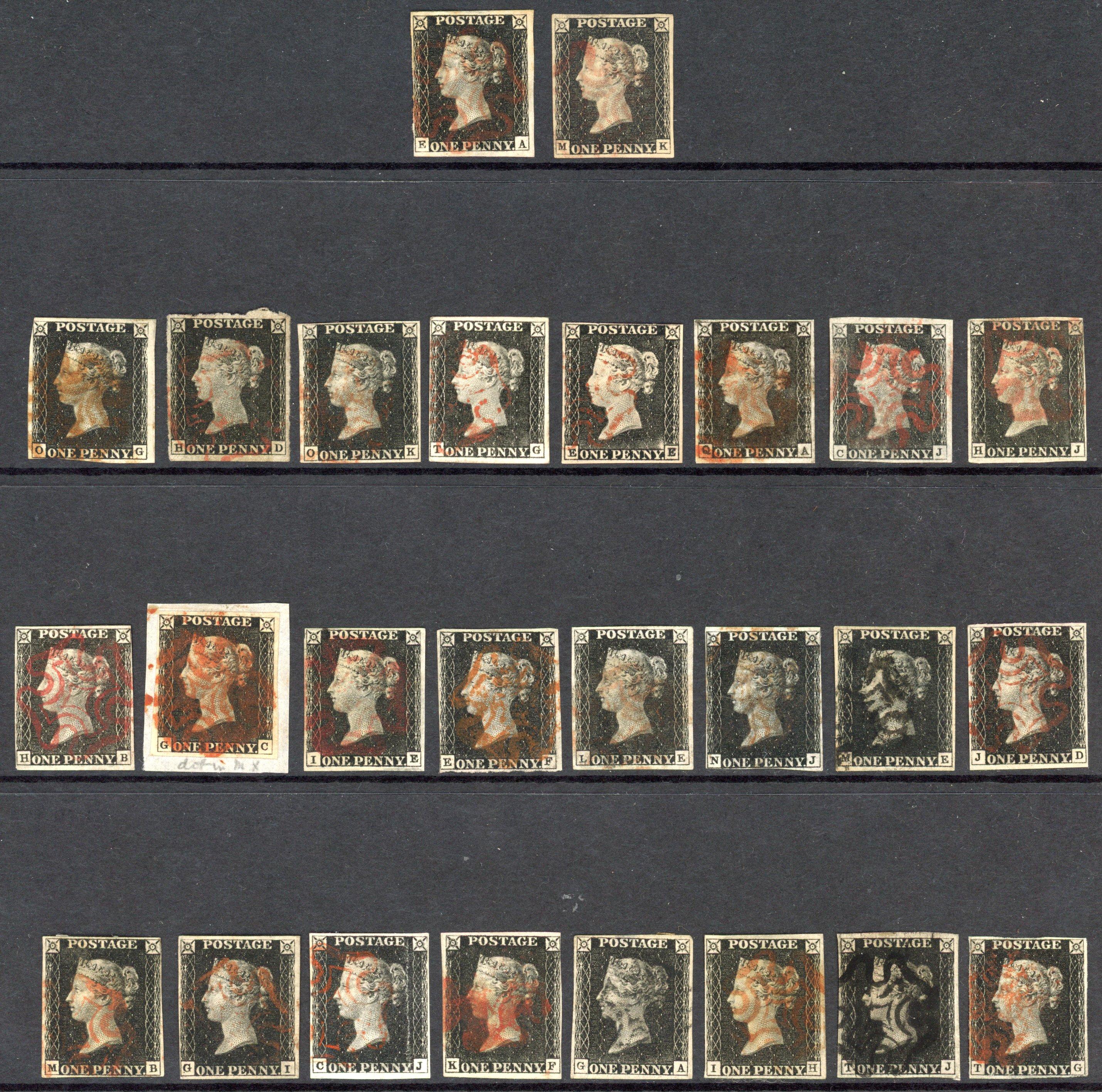 1840 1d black selection mainly with four margins arranged on two Hagner sheets