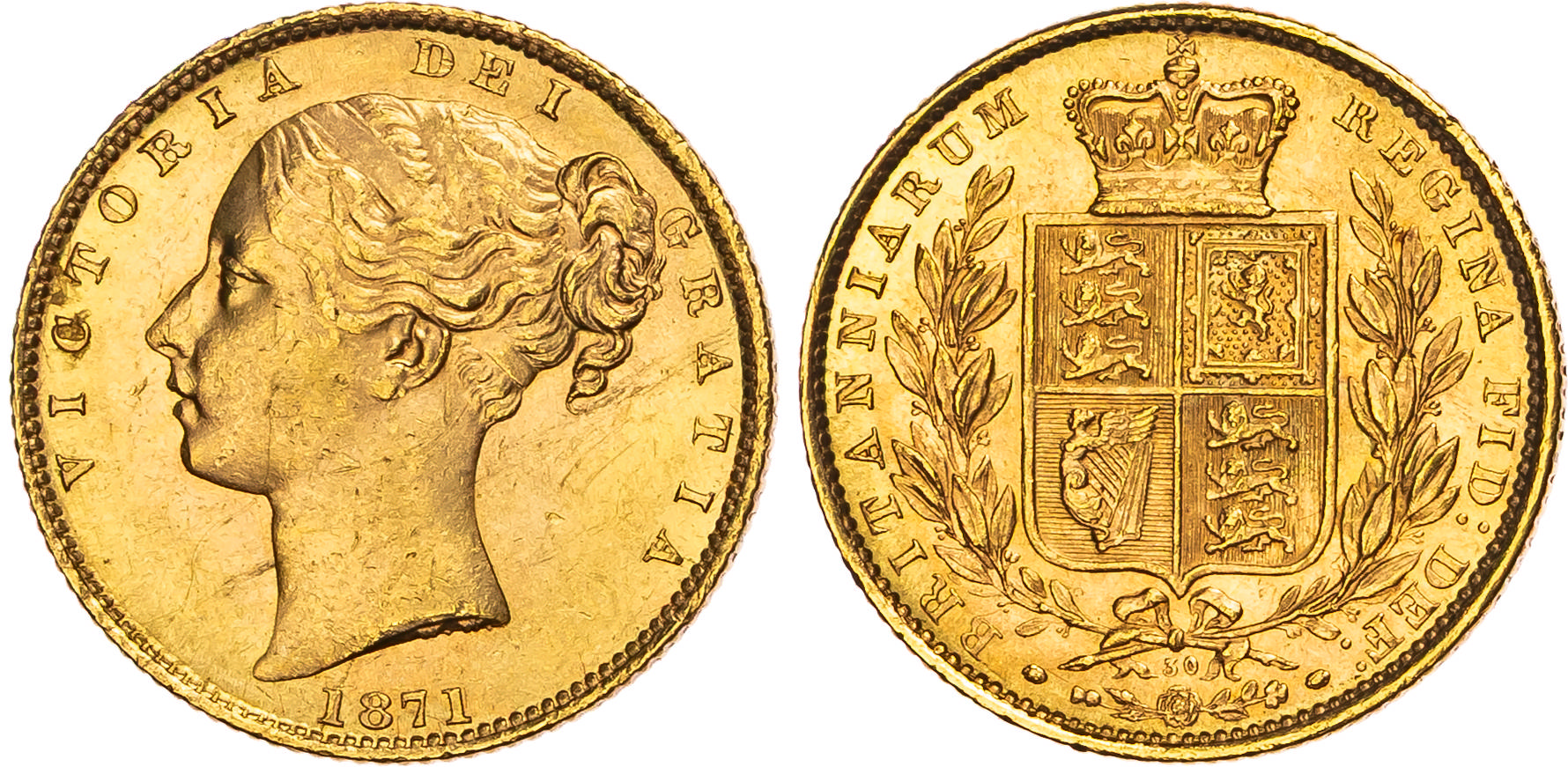 Victoria (1837-1901), Shield-Sovereign, 1871, die no. 50.
