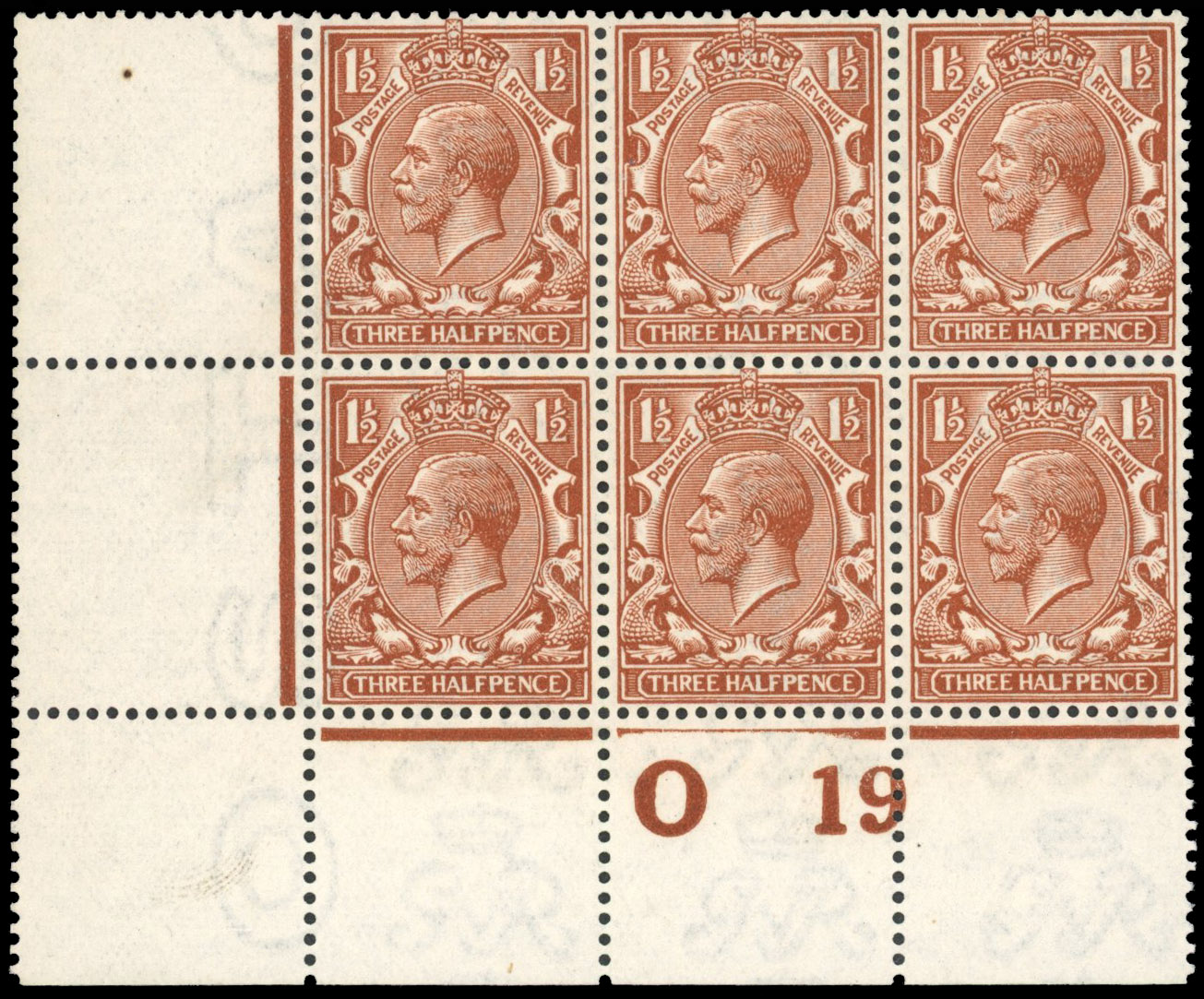 GB 1912-24 Royal Cypher 1½d deep bright yellow-brown, control O19 block of six, mint unmounted o.g.