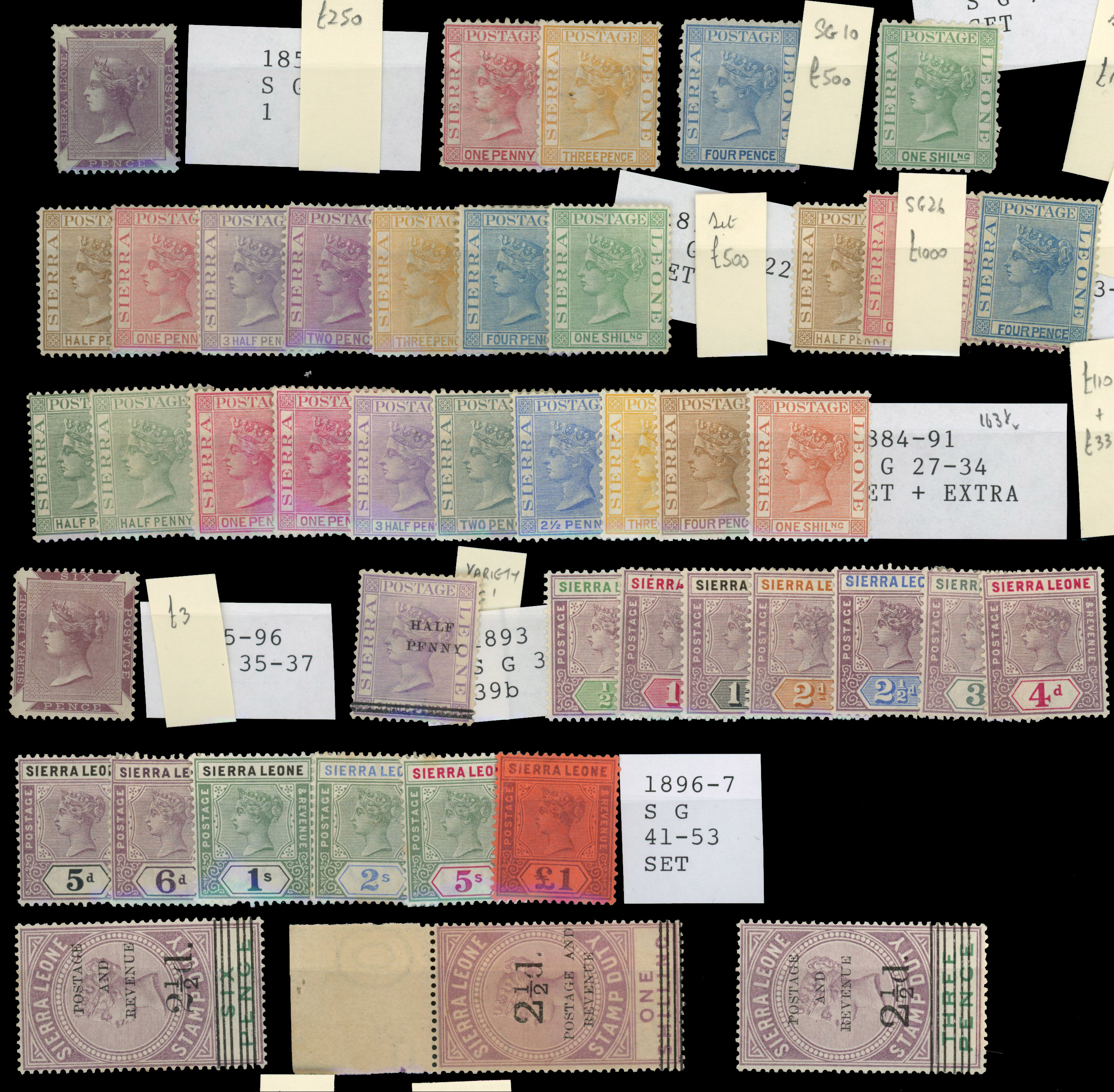 SIERRA LEONE: Mint on card including 1859 6d purple, 1872 to 1s, 1876 to 1s, 1883 to 4d, 1884 to 1s, 1893 ½d on 1½d ‘PFNNY