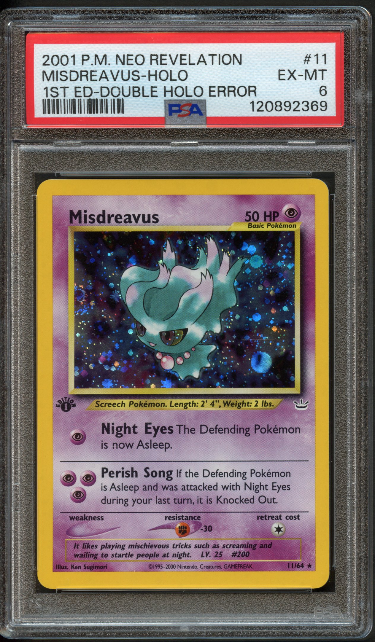 PSA 6 Misdreavus 1st Edition Double Holo Error - Neo Revelation #11