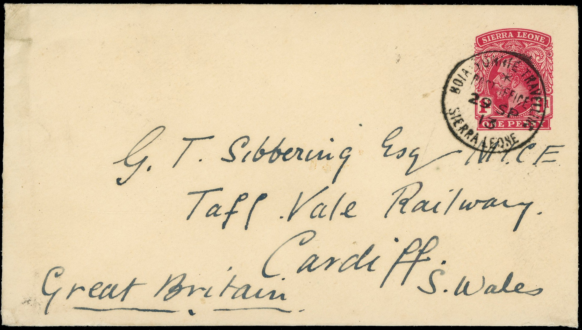 Sierra Leone POSTAL HISTORY: 1913 1d carmine postal stationery envelope addressed to Wales. Added to R2000147/9