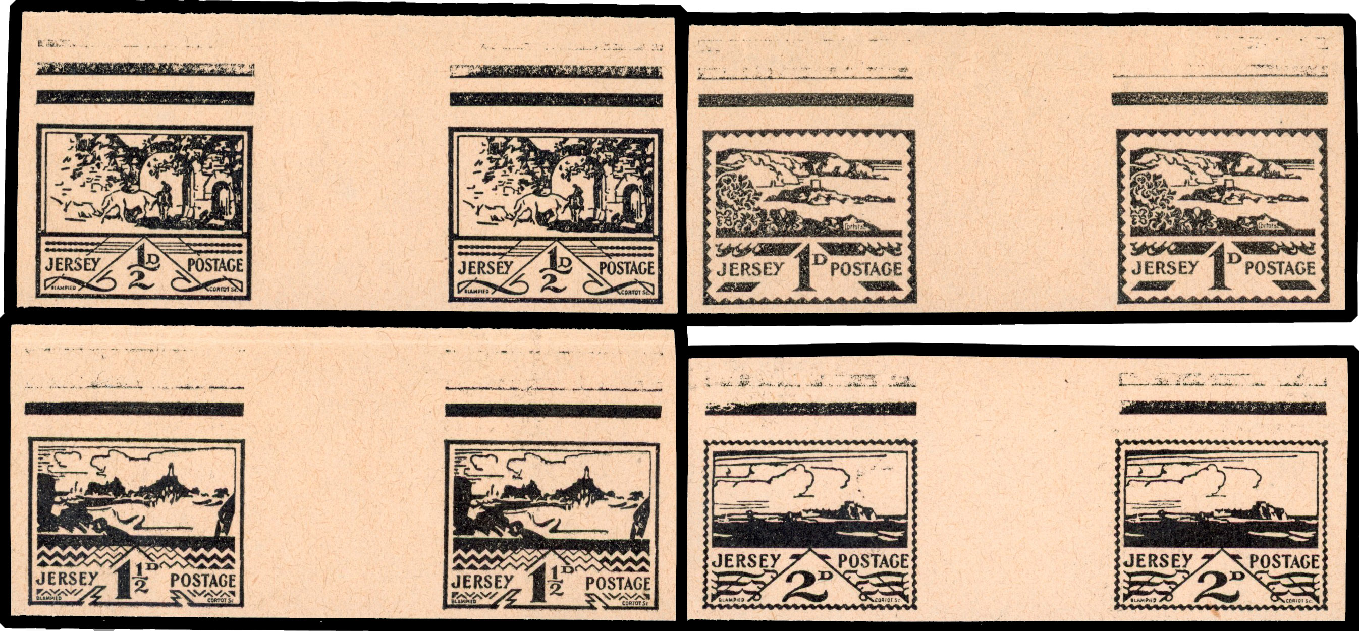 1943 ½d-2d War Occupation proofs. Very fine set of four horizontal gutter pairs of "Mise en train" proofs