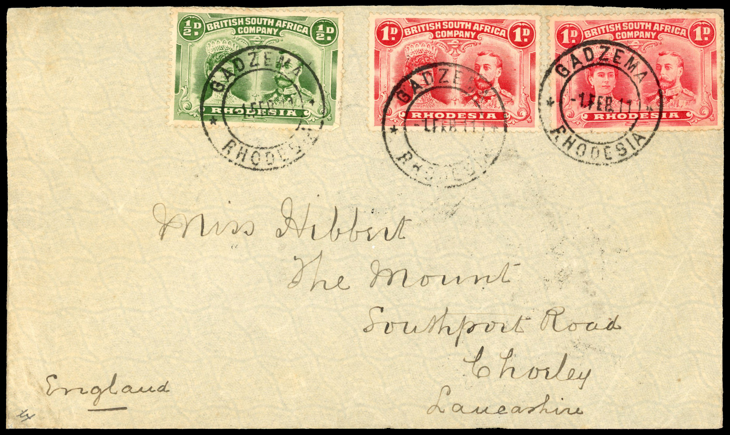 1d carmine SG 123 (two) and ½d bluish green on cover to Chorley
