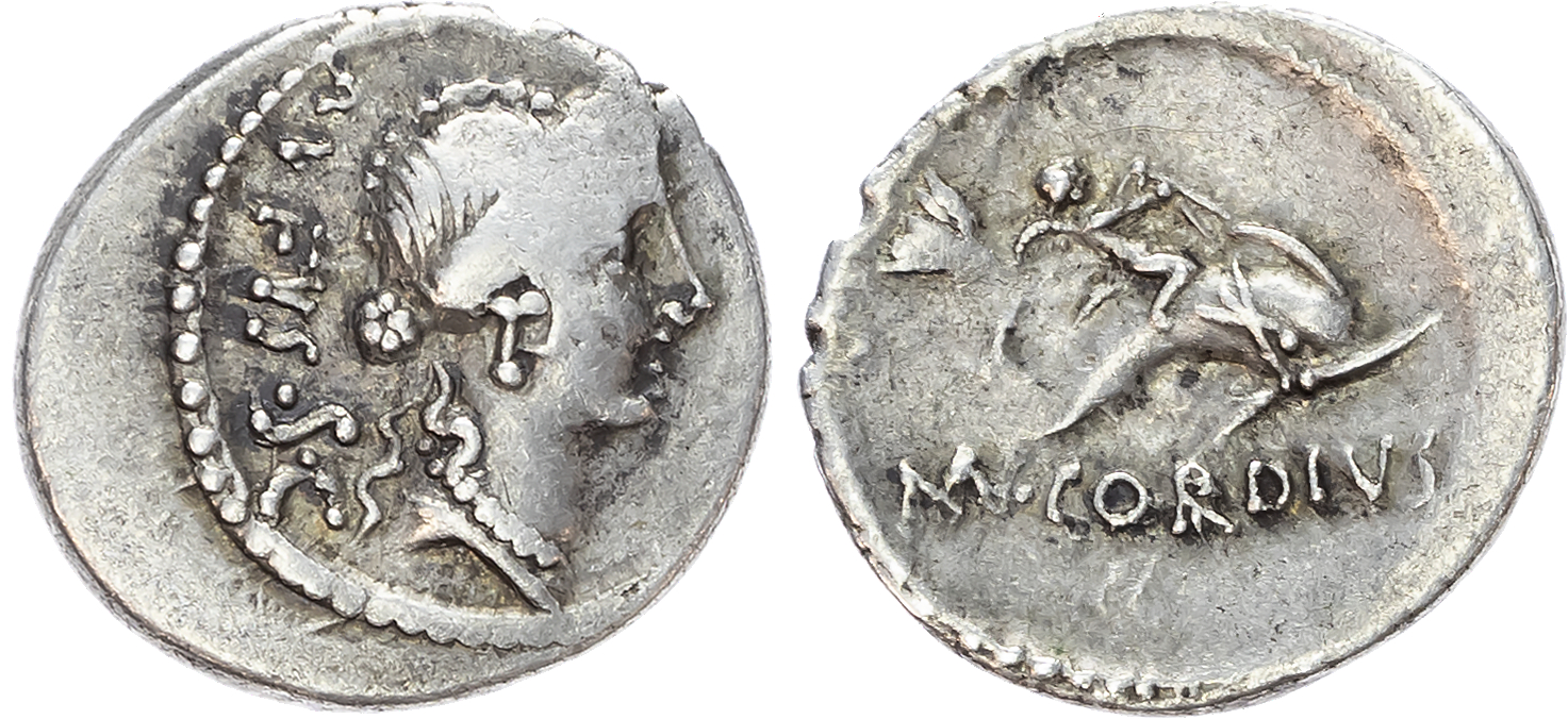 Mn. Cordius Rufus (46 BC) AR Denarius, Rome, 3.82g. 