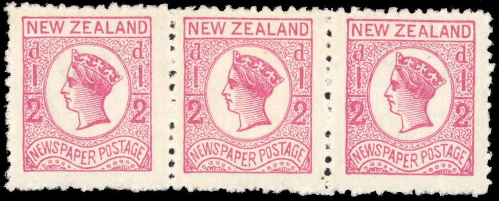 New Zealand 1873 1/2d strip of three, one without watermark o.g.