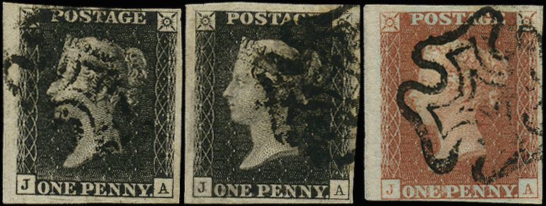 GB 1840  SG2, 7 Pl.5 Penny Black Matched trio lettered JA