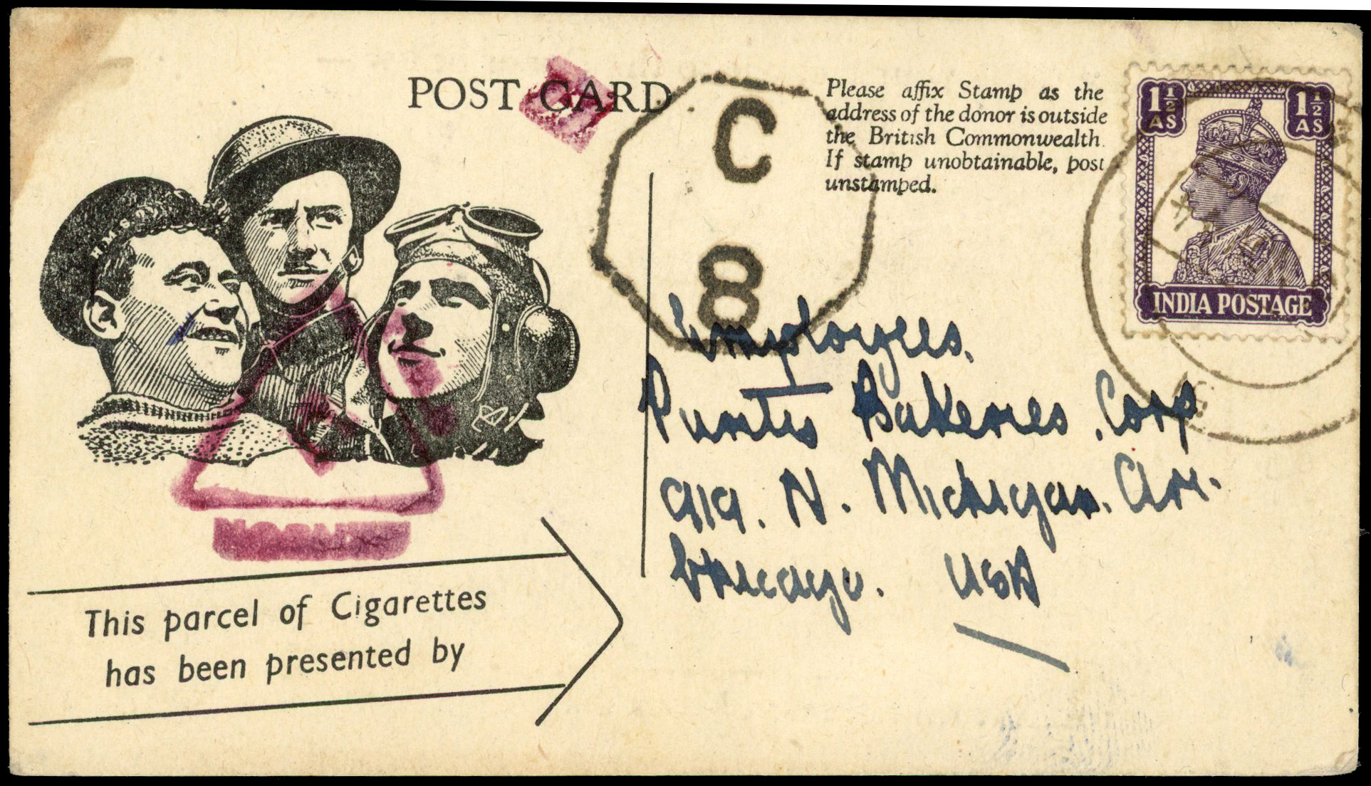 1944 Cigarette postcard to Chicago USA