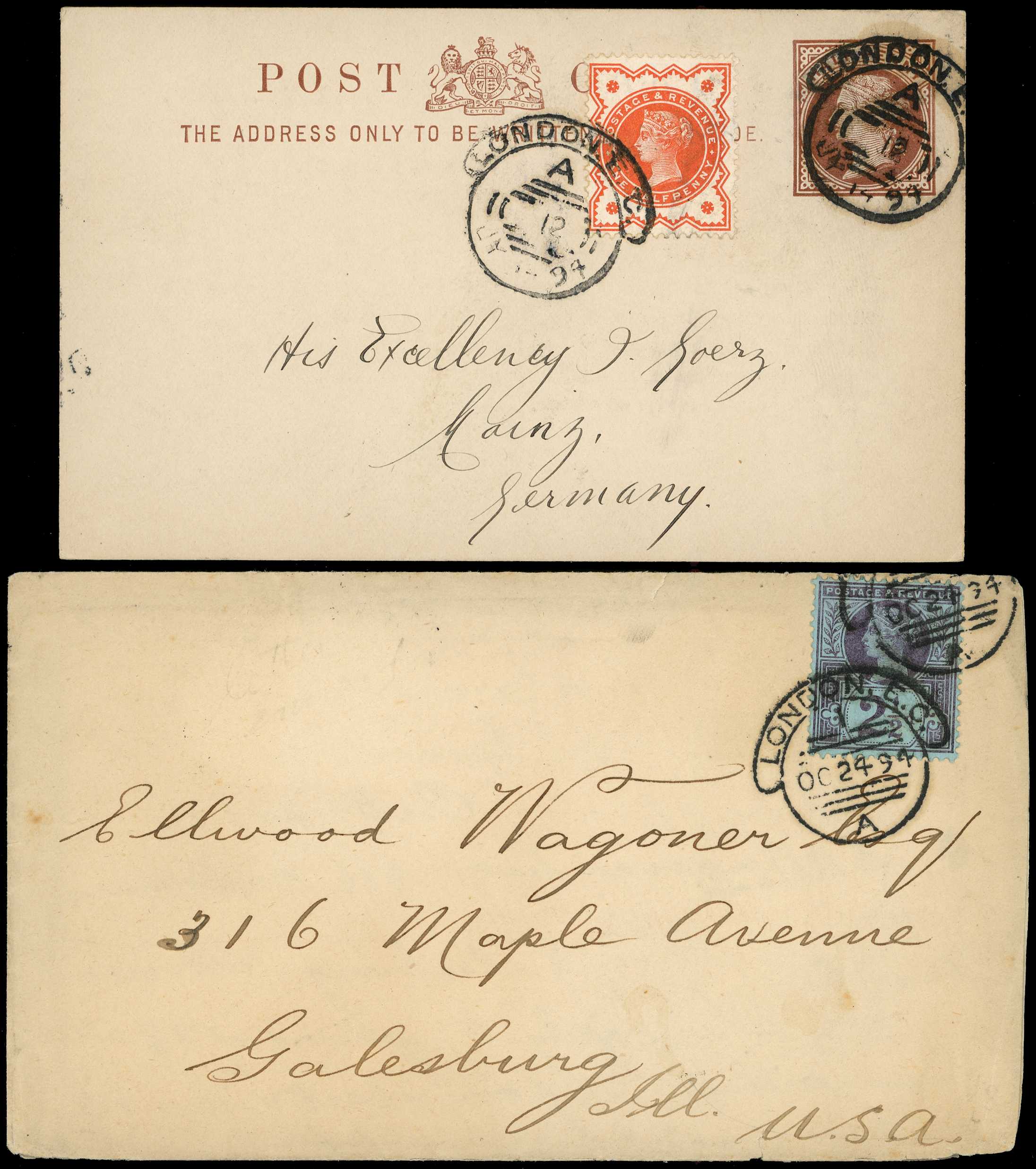 Postal History. 1894 envelope and card...