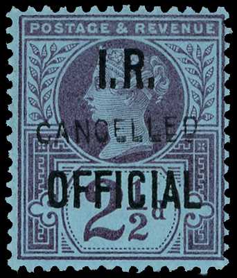 I.R. Official. 1892 2½d purple on blue...