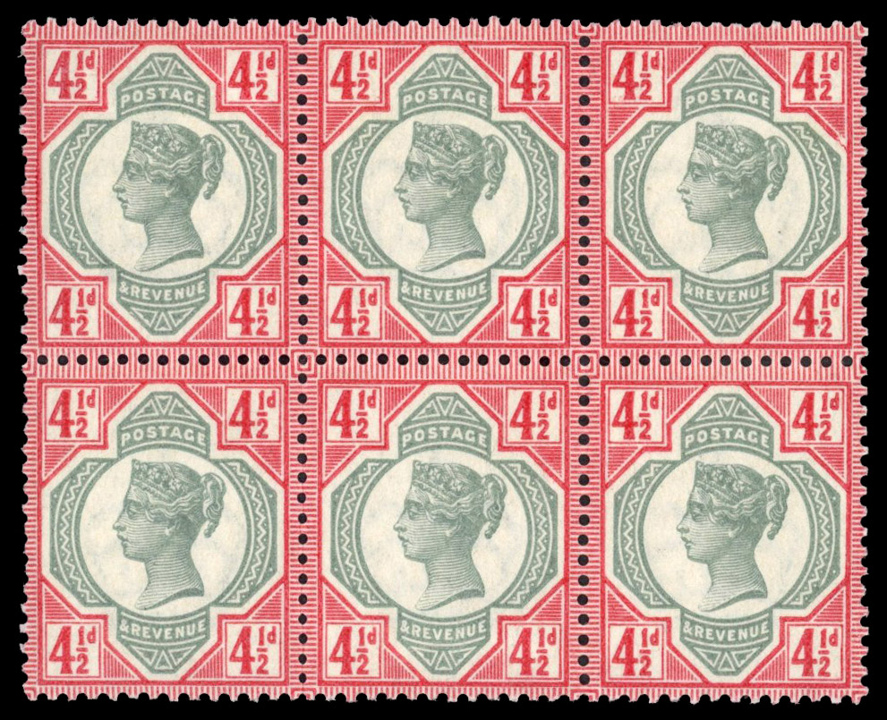 GB: 1887-1900 4½d green and pale bright carmine, mint unmounted o.g. block of six in a lovely pale shade