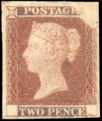GB 1841 2d red-brown trial on Dickinson silk-thread paper