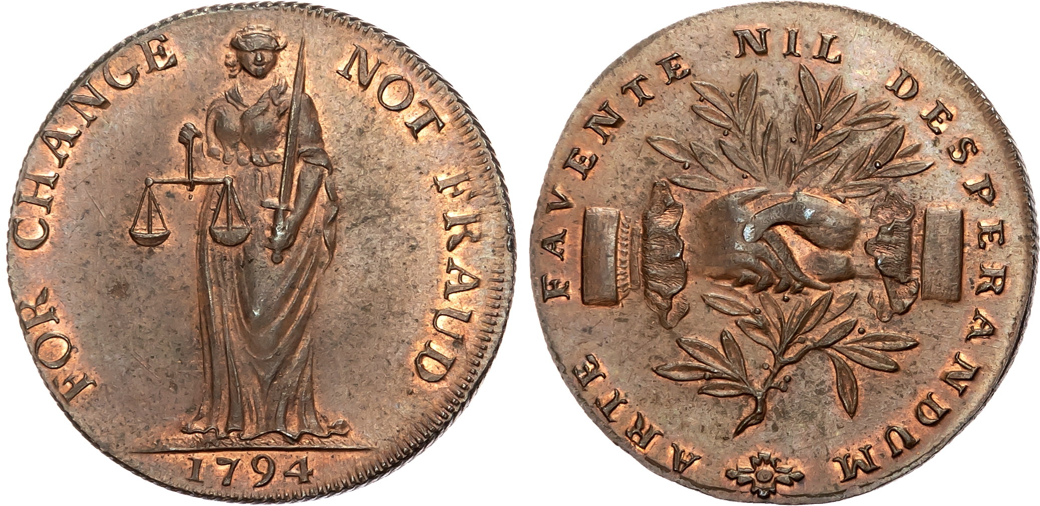 Staffs. Leek, Phillips & Ford (silk weavers ?), Kempson’s mule Halfpenny1794, Caduceus against bales, rev. Justice stan …