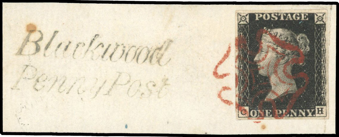 Great Britain 1d black Plate 4 (CH) used on piece