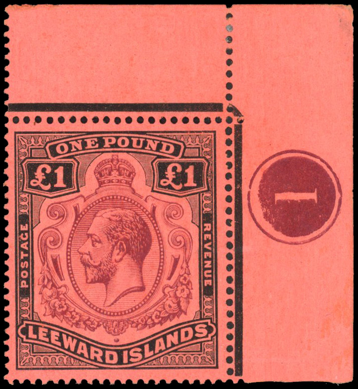 Leeward Islands 1921-32 £1 purple and black on red with Plate number '1' and 'Break in Scroll' variety