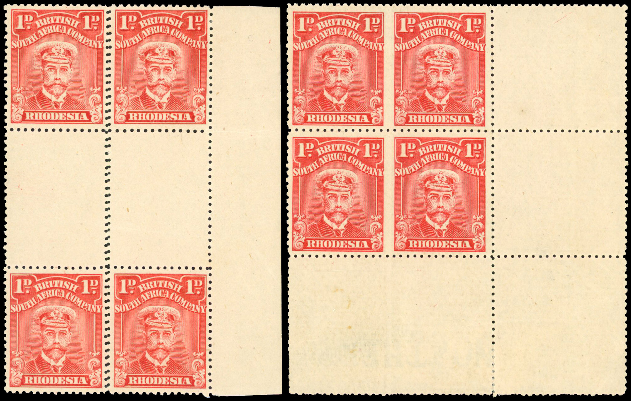 Rhodesia 1913-19 1d scarlet block of 4 double perforations
