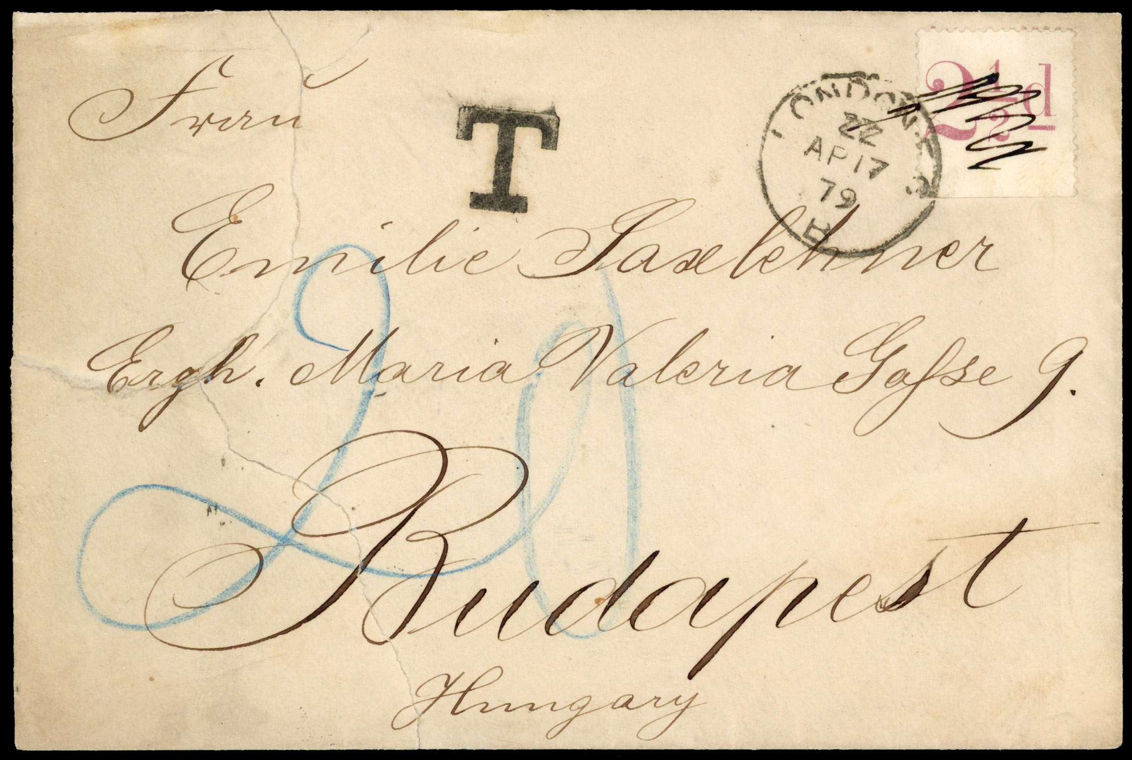 1879 Overseas Mail. Envelope sent from London to Budapest sheet margin