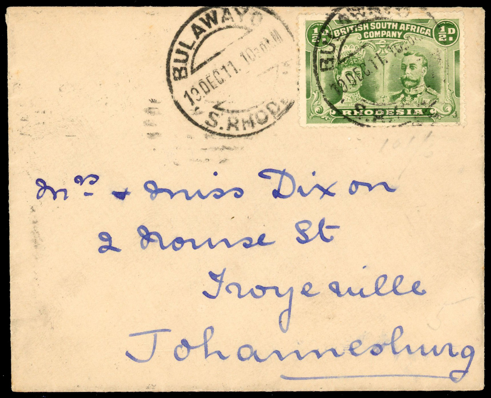 Rhodesia 1911 unsealed cover from Bulawayo to Johannesburg
