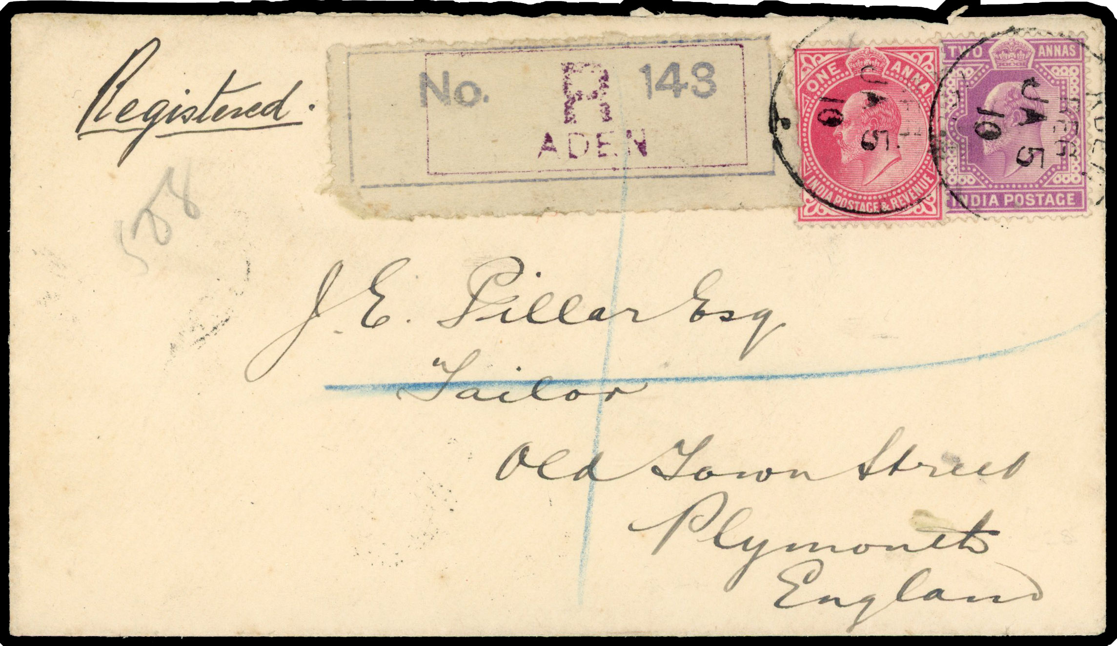 1910 registered cover to England, sent by the Swedish Consulate,  franked 1a (postage) and 2a (registration) tied