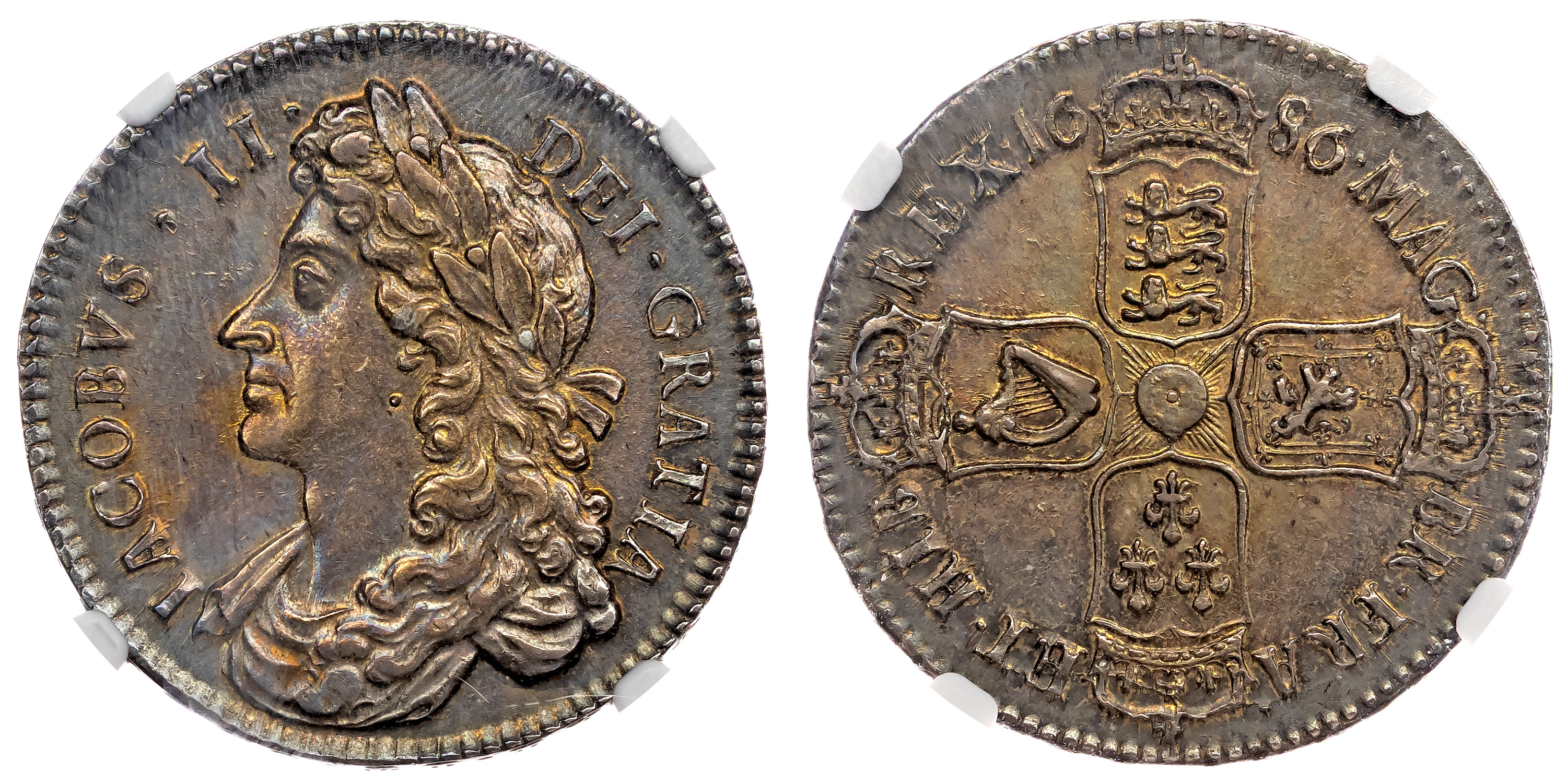 James II (1685-1688), AR Halfcrown, 1686 SECVNDO. NGC MS62 (Joint Finest Graded)