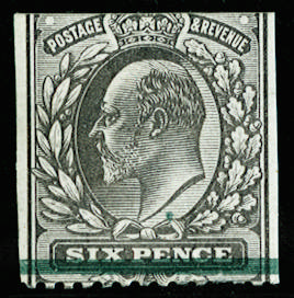Great Britain 1902 6d Colour trial. Very fine example printed in grey-black on chalky paper selvedge of the ½d gre…