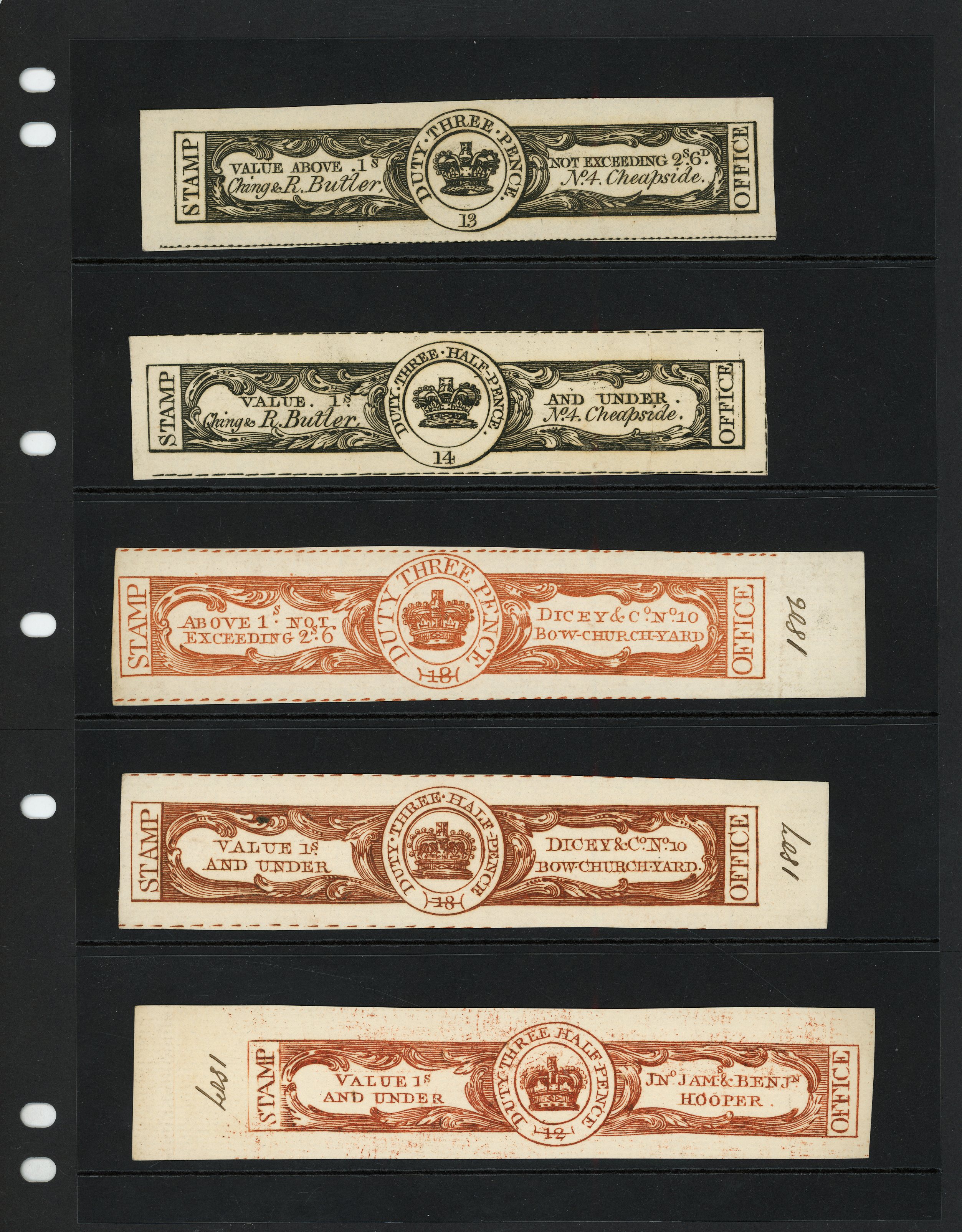 GB Medicine Duty 1795-1823 Proof Impressions on laid paper x5