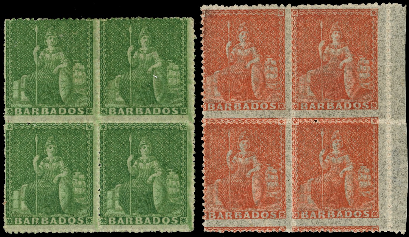 BARBADOS: 1861-70 (½d) grass green and (4d) dull vermilion, both in blocks of 4, part o.g.