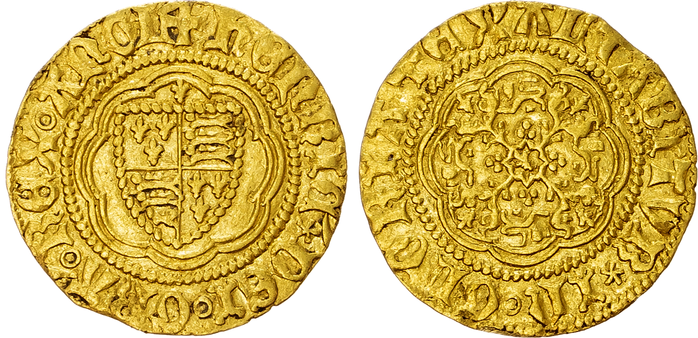 Henry V (1413-1422) Quarter Noble, standard type C, class G, London mint, mintmark pierced cross.