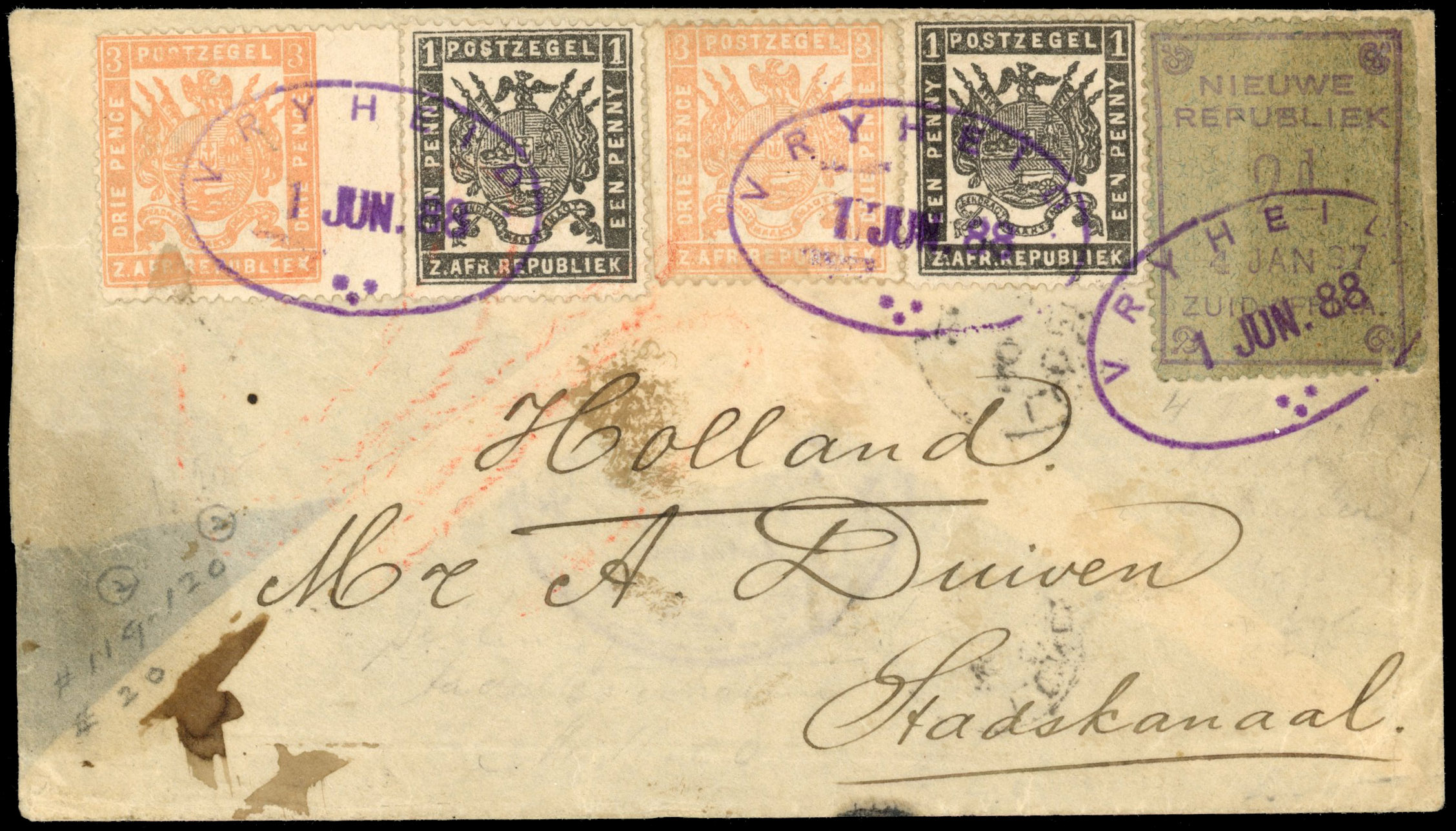 New Republic / Transvaal 1888 mixed franking cover to Netherlands