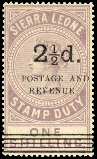 Sierra Leone 1897 2½d on 1s dull lilac, opt Type 13, SG 66b
