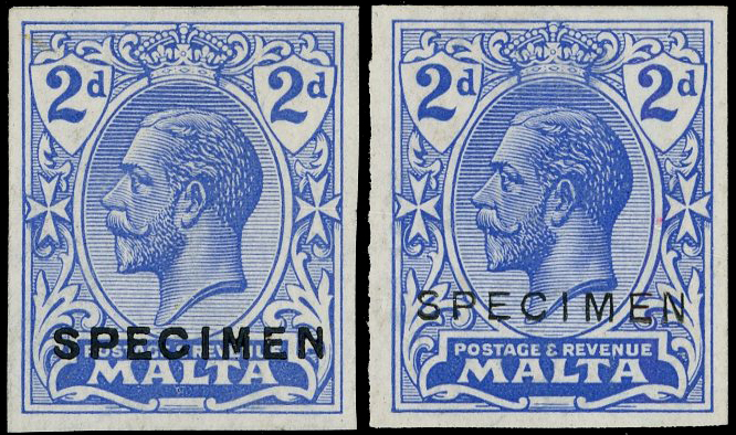 Malta 1921-22 Script CA 2d colour trails in blue overprinted ‘SPECIEMEN’...