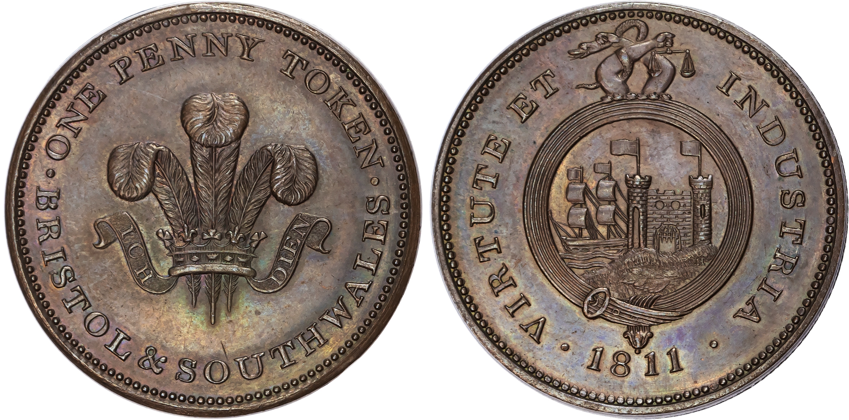 BRISTOL, Som. & SOUTH WALES, (Unknown issuer – gen. circ ?) Penny 1811, Arms of the city of Bristol, rev. Prin…