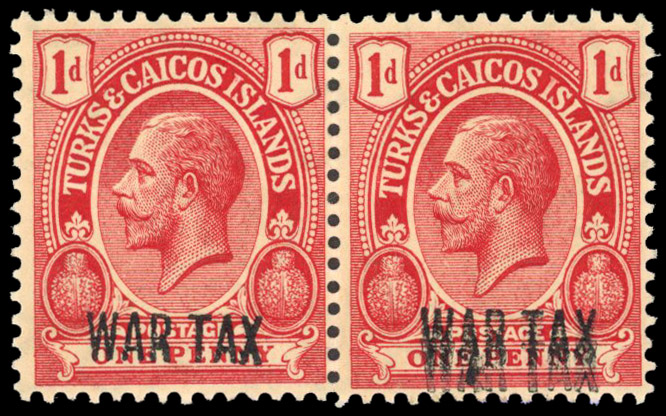 Turks and Caicos 1917 1d War Tax overprint double in pair with normal