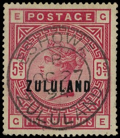 1892 5/- rose beautifully cancelled by Eshowe CDS of OC 27 94, fractional discolouration on reverse but still exceptional. ...