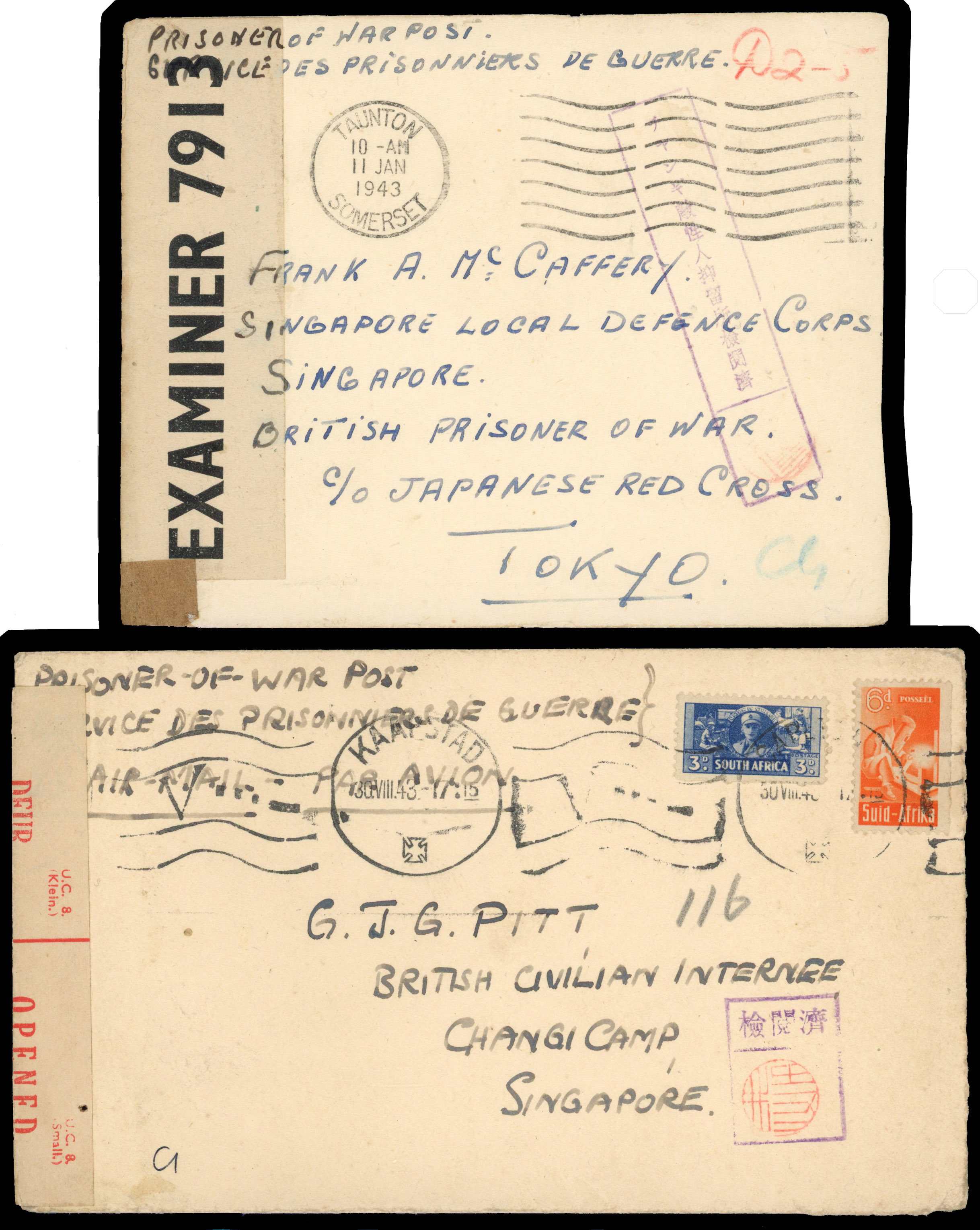 Singapore 1914-44 P.O.W. camp mail selection on leaves