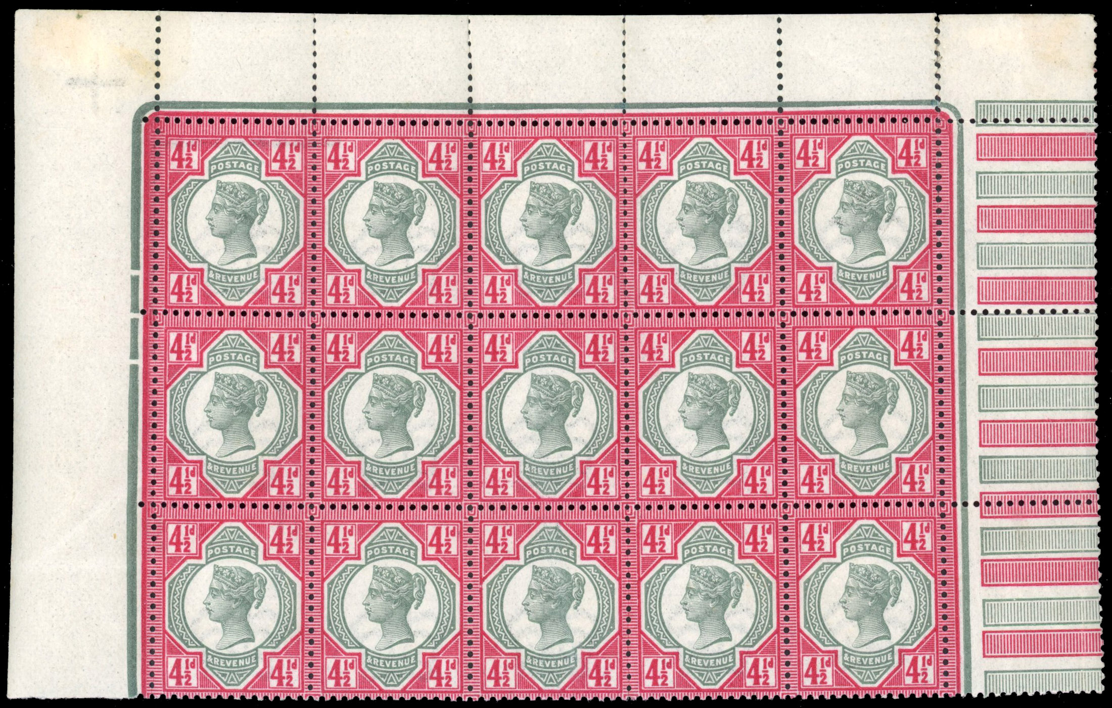 GB 1887-1900 Jubilee 4½d green and deep bright carmine, mint unmounted o.g. top marginal block of fifteen