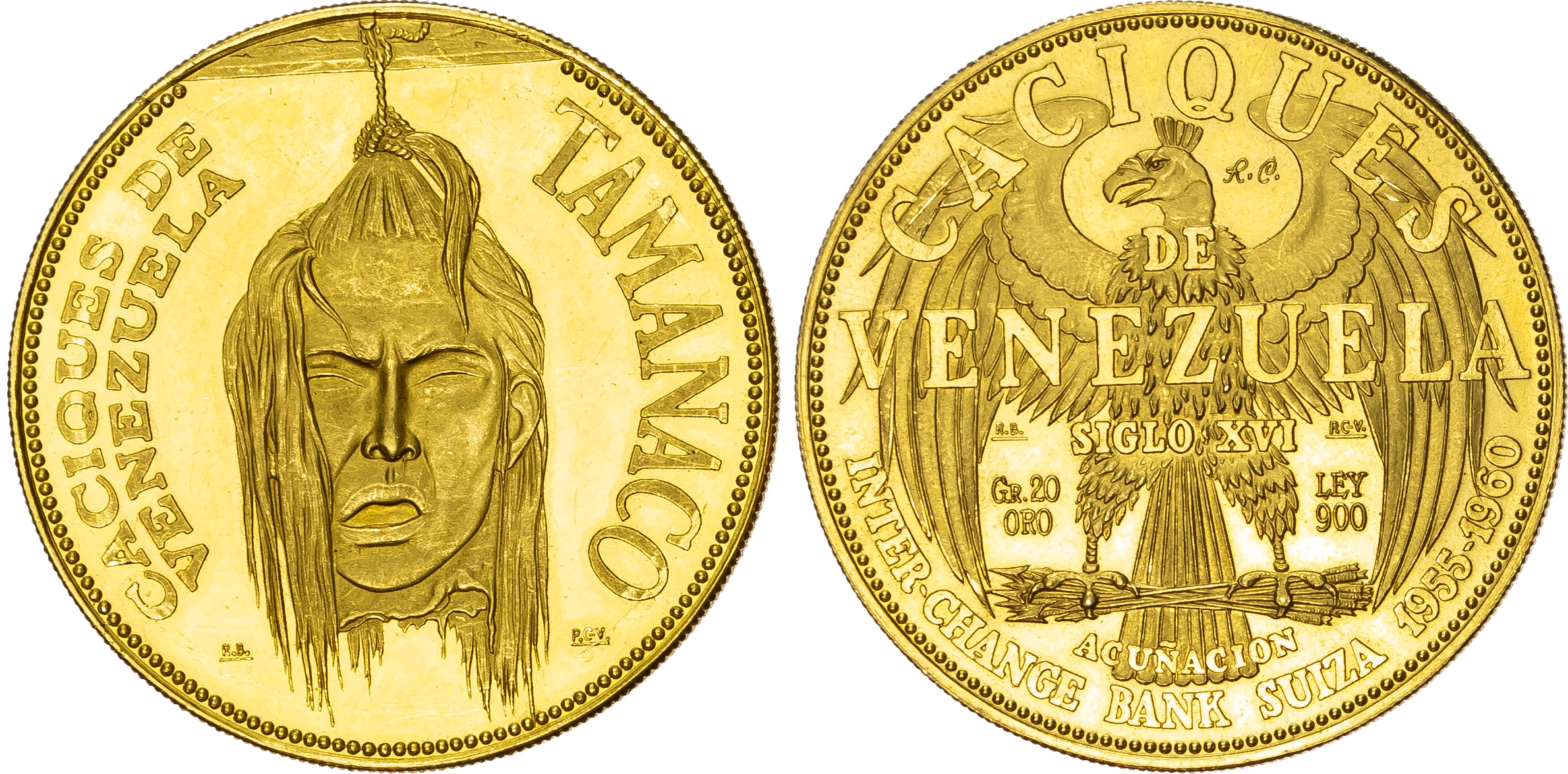 Venezuela, Indian Chiefs of Venezuela, Tamanaco, gold Medallic Proof 60 Bolivares, 1961.