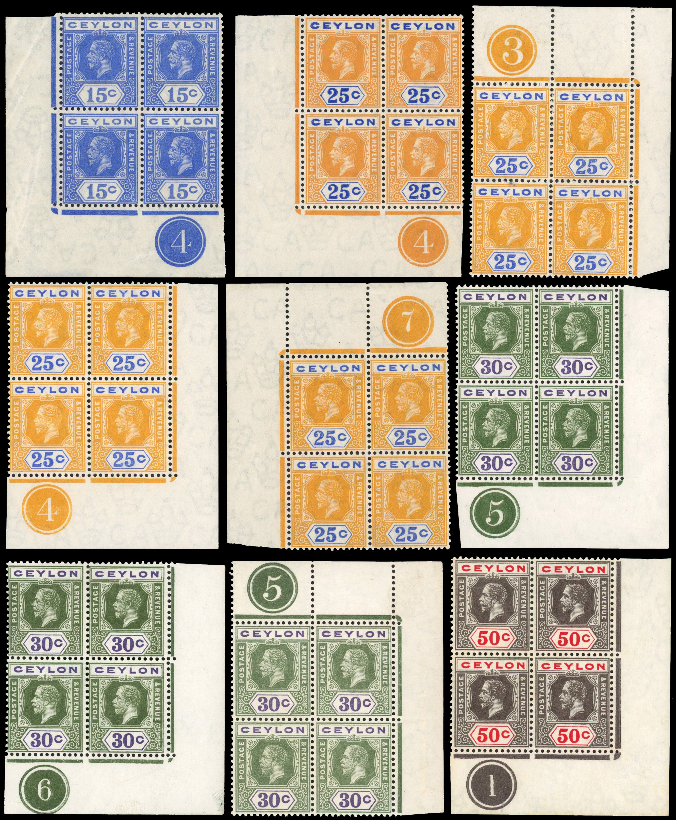 1912-25 Ceylon part set of 30 in blocks of 4 , 27 in PLATE BLOCKS S.G. 301/7