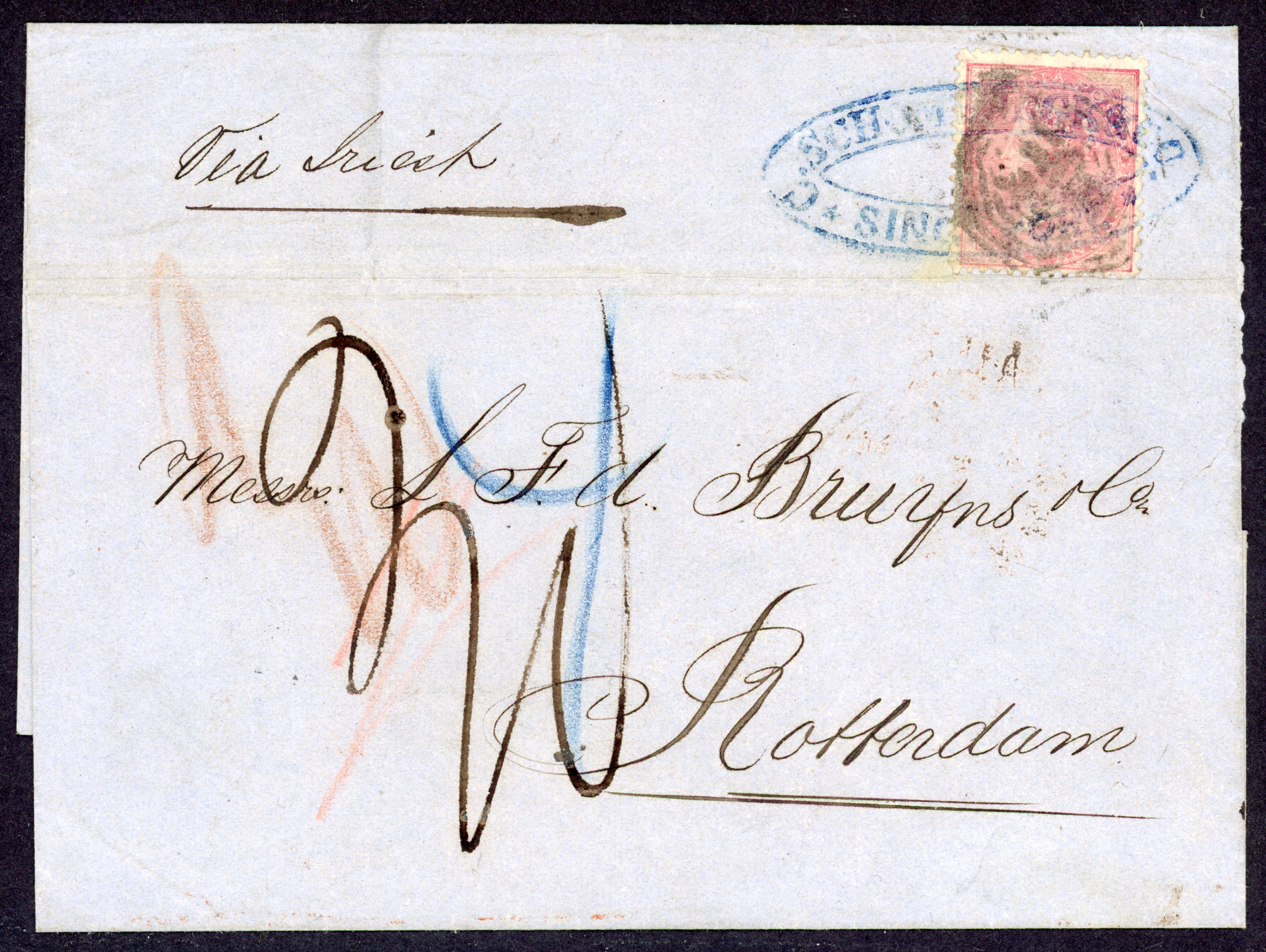 Straits Settlements SG Z88 1867 OLS from Singapore to Rotterdam with India 1865 8a carmine