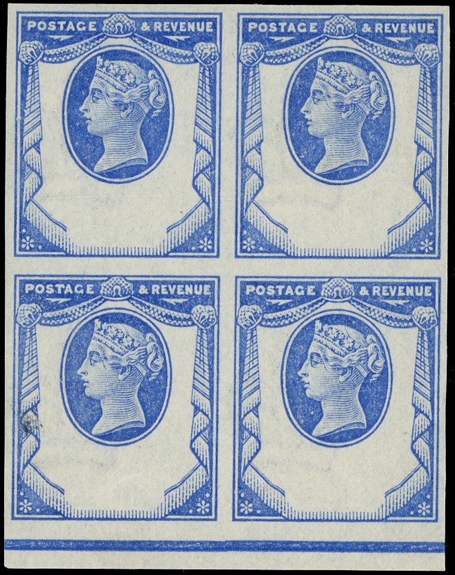 Great Britain 1894 1½d Reply paid essay. Superb unmounted o.g. bottom marginal imperforate block of...