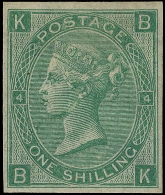 1865 1s Green Pl.4 (Wmk. Emblems). Imperforate Imprimatur