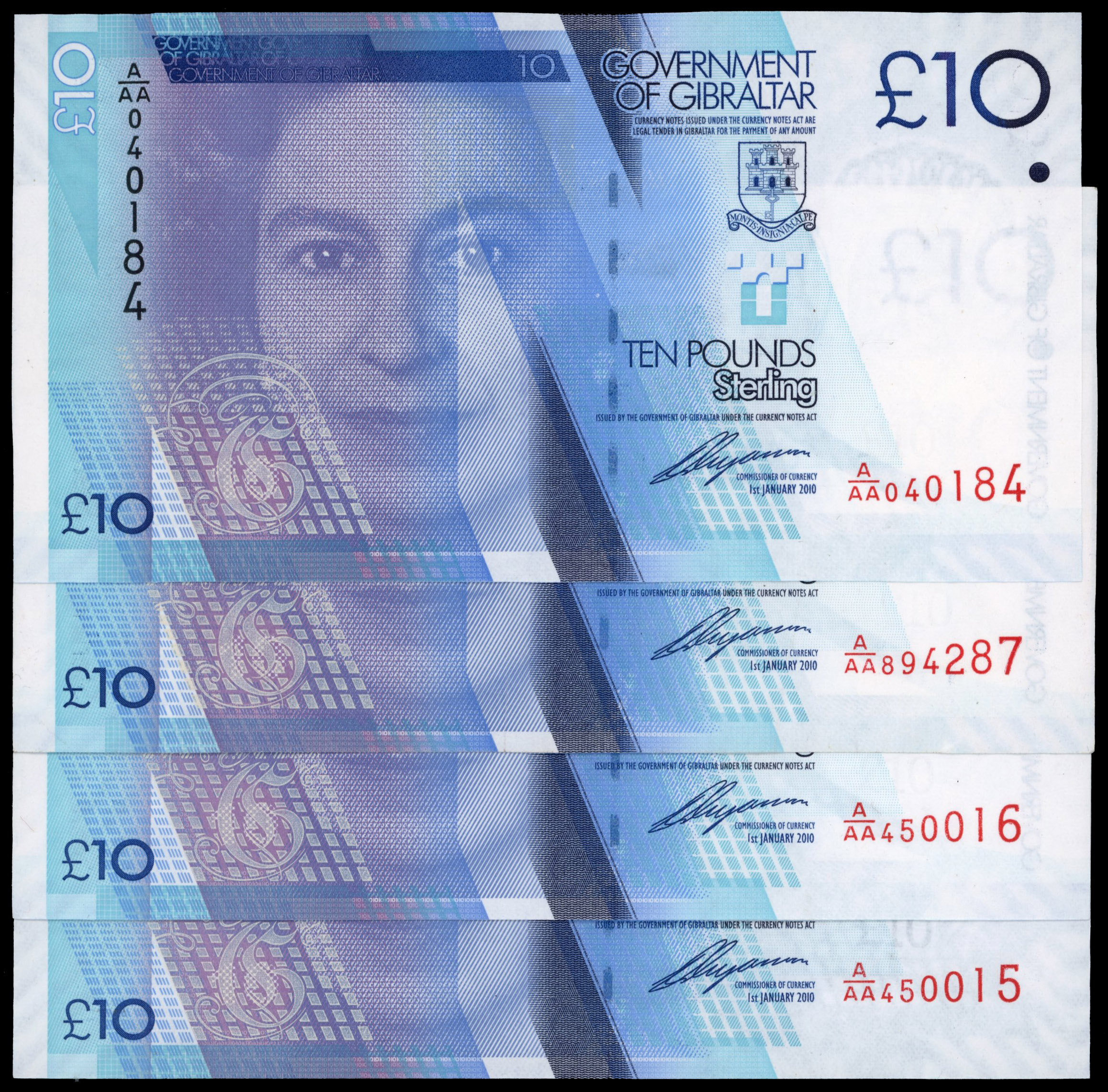 Gibraltar, Government, Ten Pounds, 1 Jan 2010, A/AA 0440184; 450015; 450016; 894287, (Pick 36). All crisp Unci…