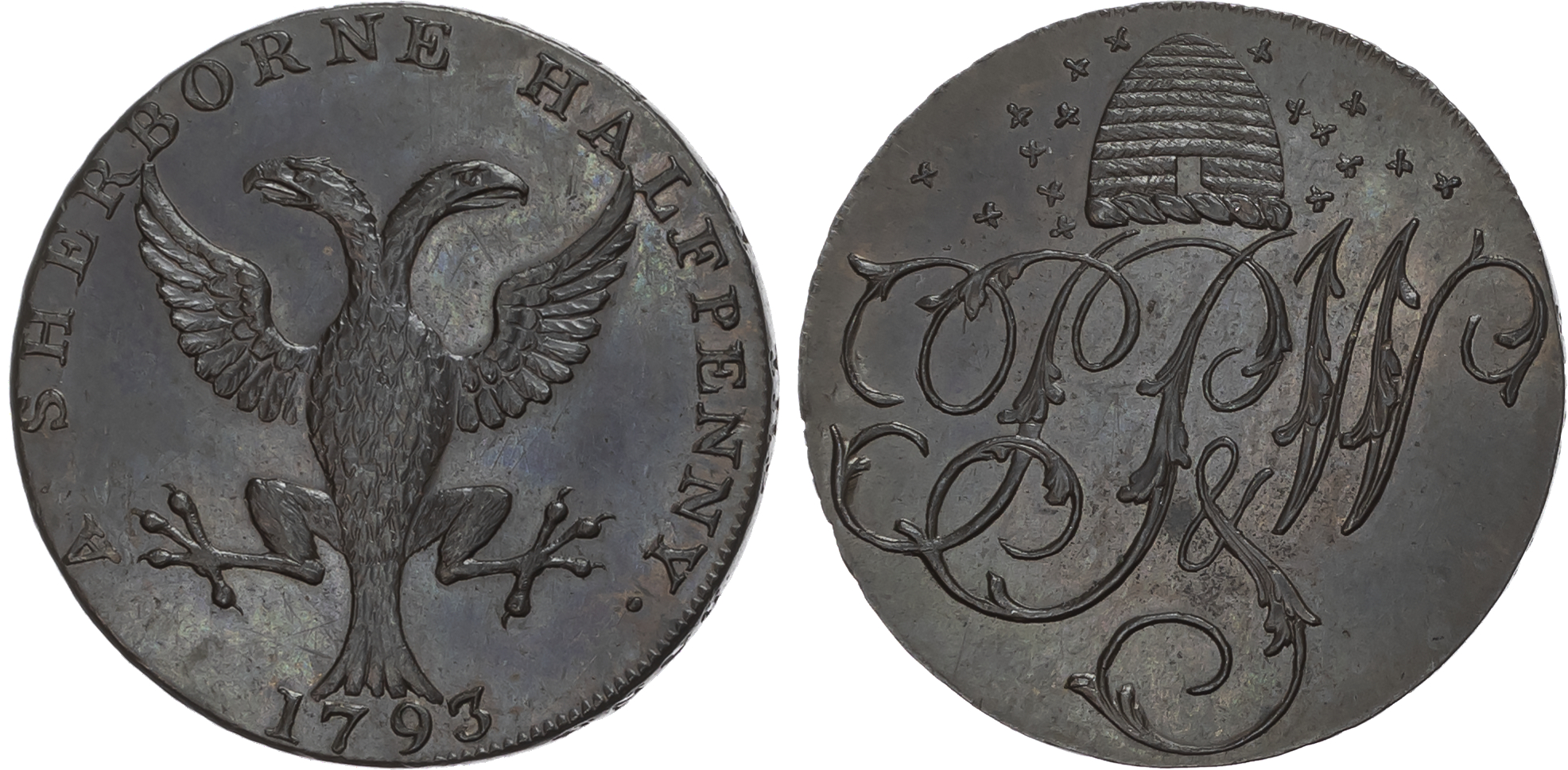 Dors. Sherborne, Pretor Pew & Whitty, (Bankers) Westwood’s Halfpenny 1793, Beehive and bees above cypher, rev . double-h …