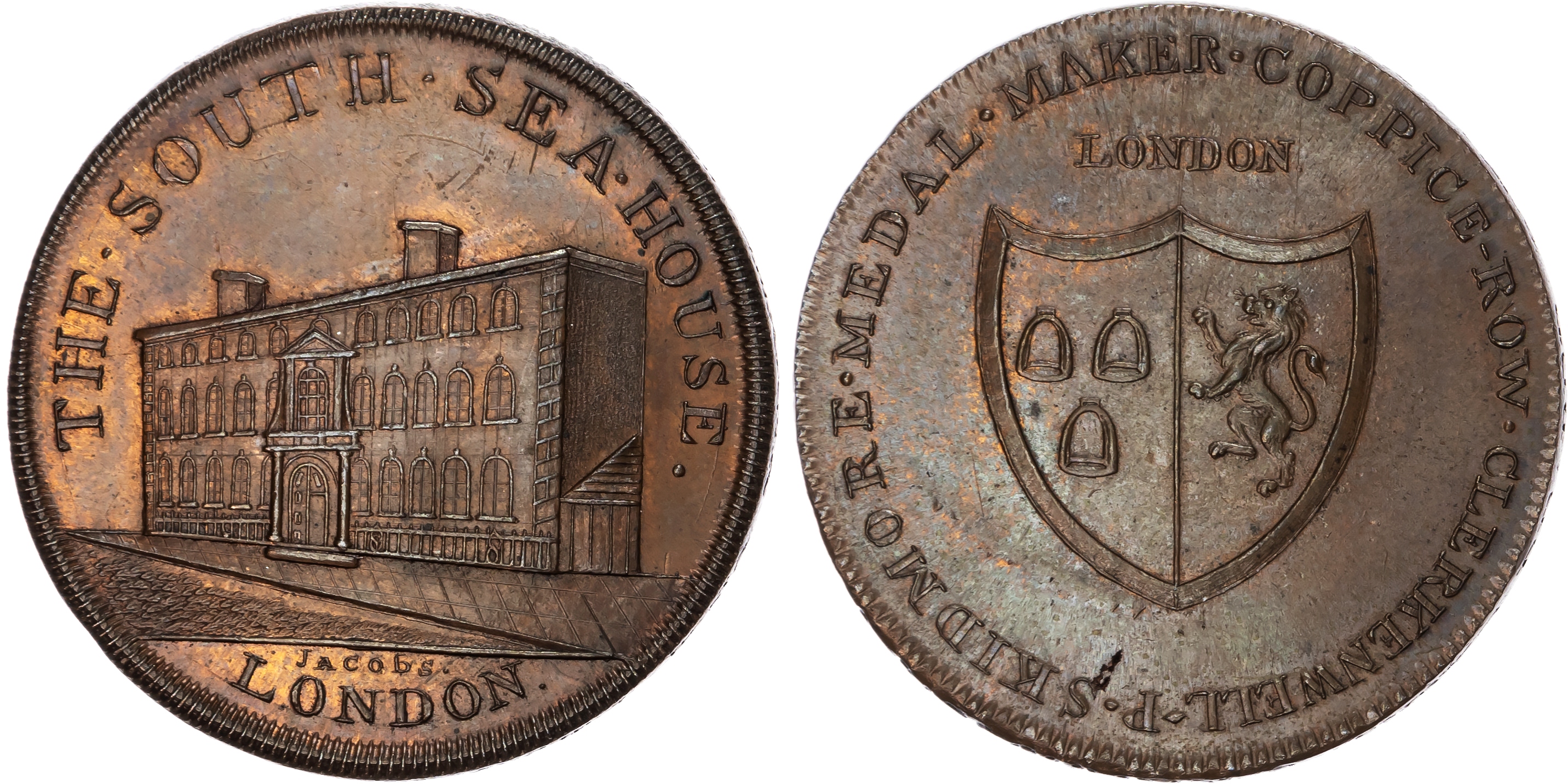 London , Skidmore’s ‘Clerkenwell Series’ Penny, The South Sea House, Threadneedle St., rev, fictitious arms, e…